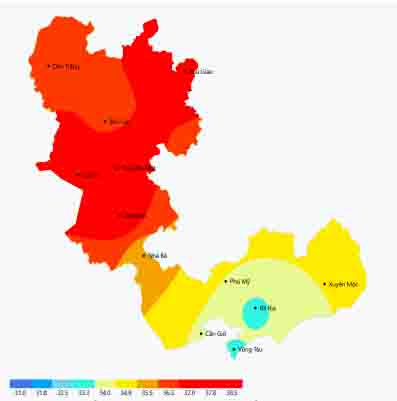 Map forecasting the highest temperature in the next 24 hours. Photo: Southern Hydrometeorological Station