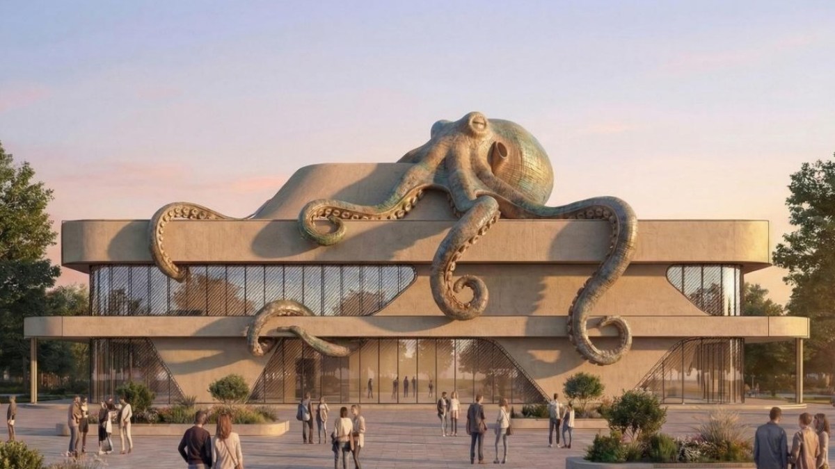 Phối cảnh tòa nhà trung tâm công viên phục vụ trưng bày kết hợp dịch vụ. Ảnh: UBVT