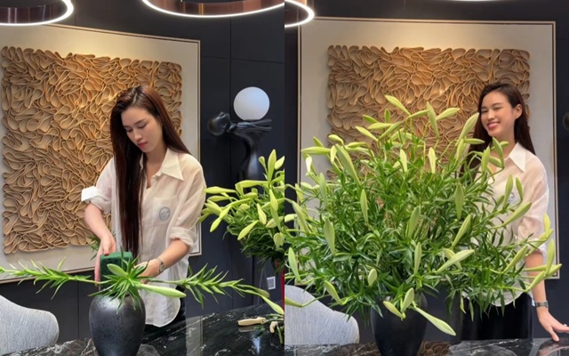 Hoa hậu Đỗ Thị Hà - Con dâu tập đoàn Sơn Hải chia sẻ video cắm hoa loa kèn. Ảnh cắt từ video