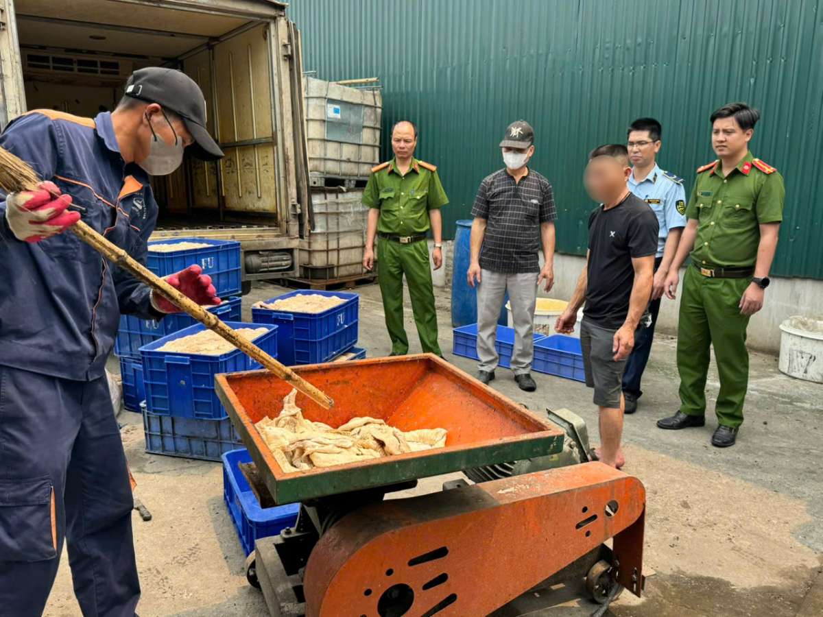 Detecting vehicles carrying pig intestines showing signs of decomposition, discoloration, and foul odor for consumption. Photo: Hung Yen Market Management Sub-Department