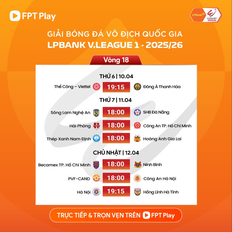 Lịch thi đấu vòng 18 V.League 2025-2026. Ảnh: FPT Play