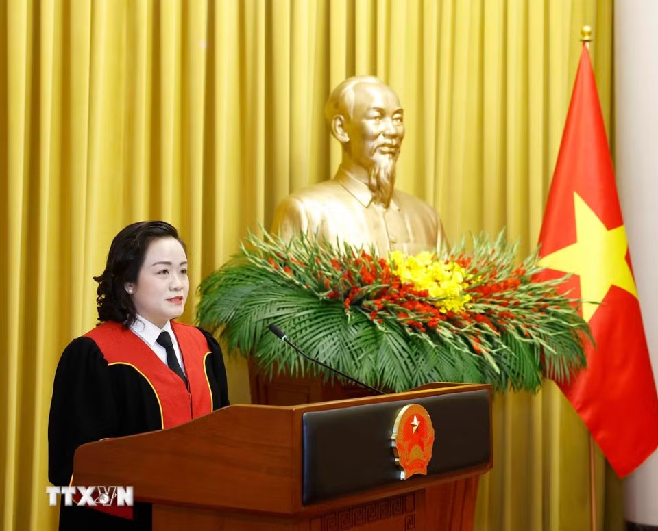 Phó Chánh án TANDTC Nguyễn Hải Trâm phát biểu tại buổi lễ. Ảnh: TTXVN