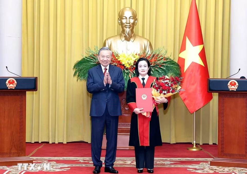 トー・ラム書記長兼国家主席は、最高人民裁判所副長官の任命決定を最高人民裁判所のグエン・ハイ・チャム判事に授与しました。写真:TTXVN