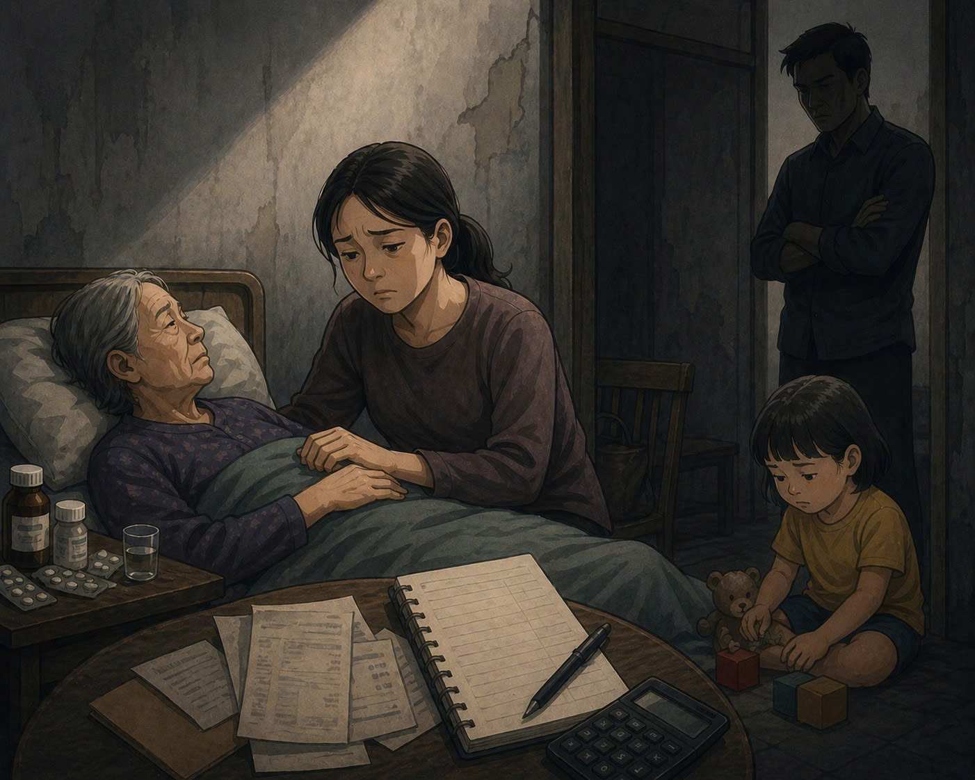Nghỉ việc ở nhà nội trợ và chăm sóc mẹ bị liệt, người vợ bị chồng kiểm soát chi tiêu. Ảnh: AI/Phạm Ngọc
