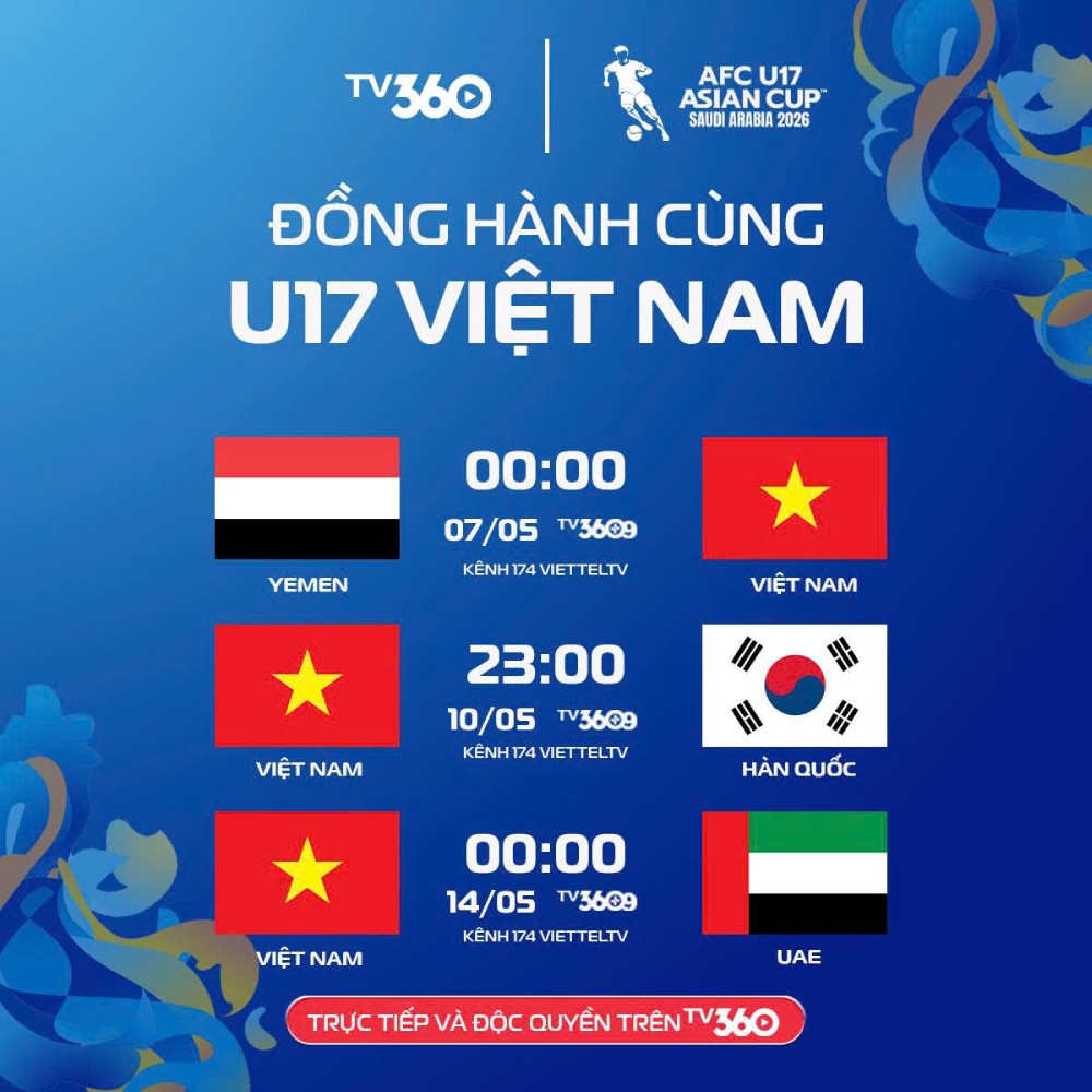 Lịch thi đấu của U17 Việt Nam tại vòng bảng U17 châu Á 2026. Ảnh: TV360