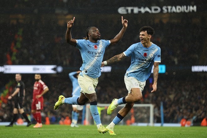Doku đang liên tục ghi những bàn thắng quan trọng cho Man City. Ảnh: AFP