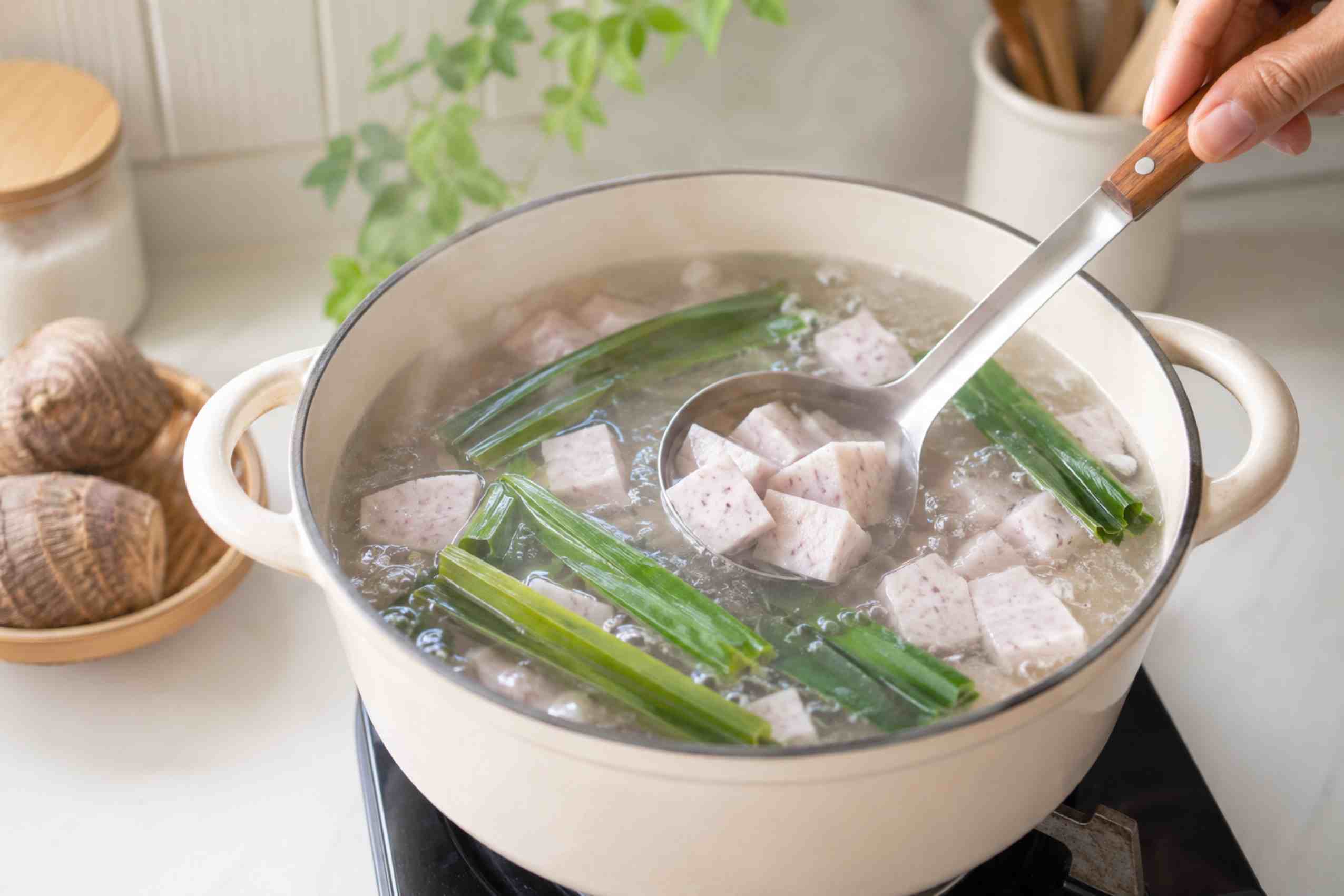 Khoai môn được nấu cùng lá dứa đến khi chín mềm và dậy mùi thơm nhẹ. Ảnh: Thùy Linh