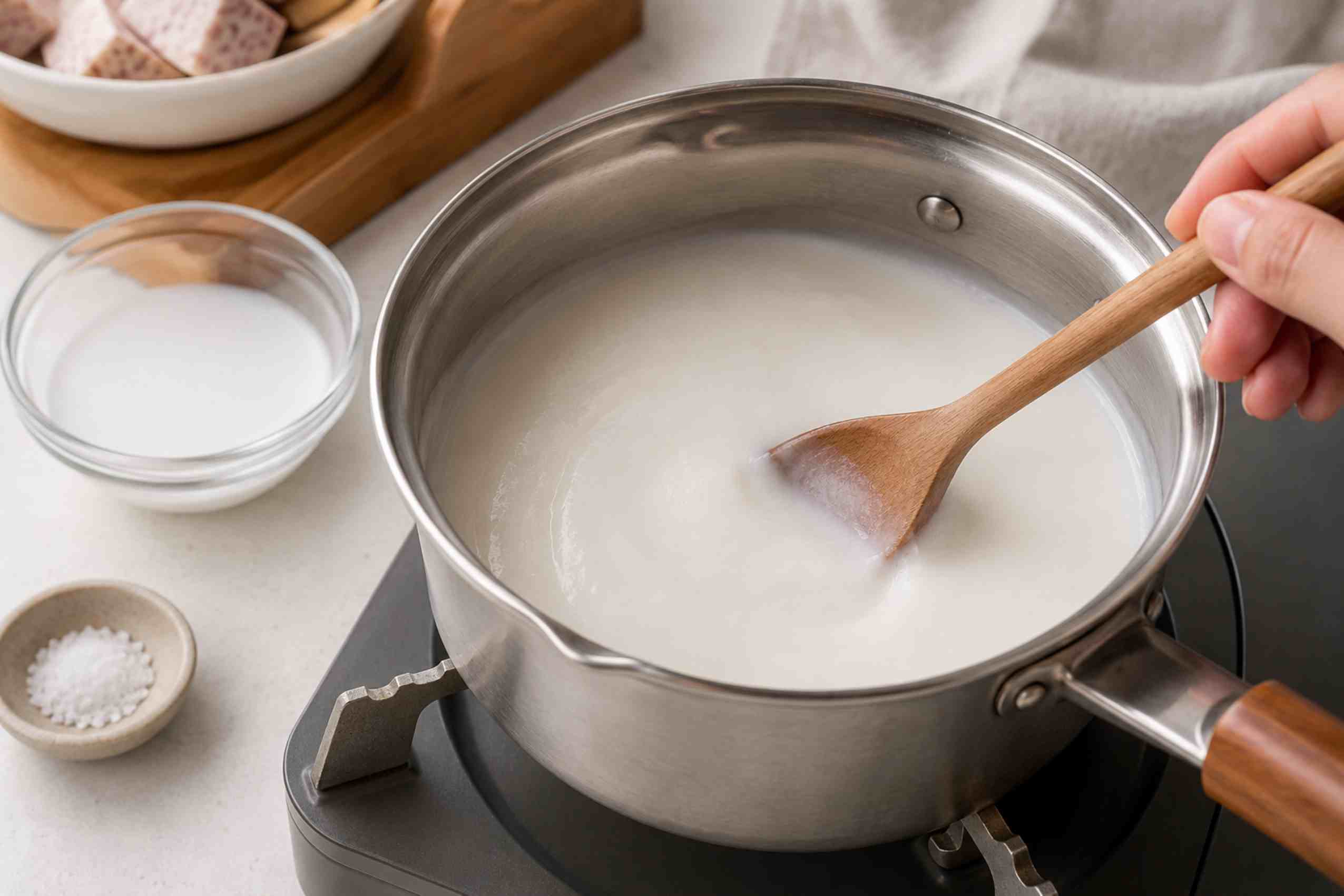 Phần bột năng được hòa tan rồi cho vào chè để tạo độ sánh mịn. Ảnh: Thùy Linh 