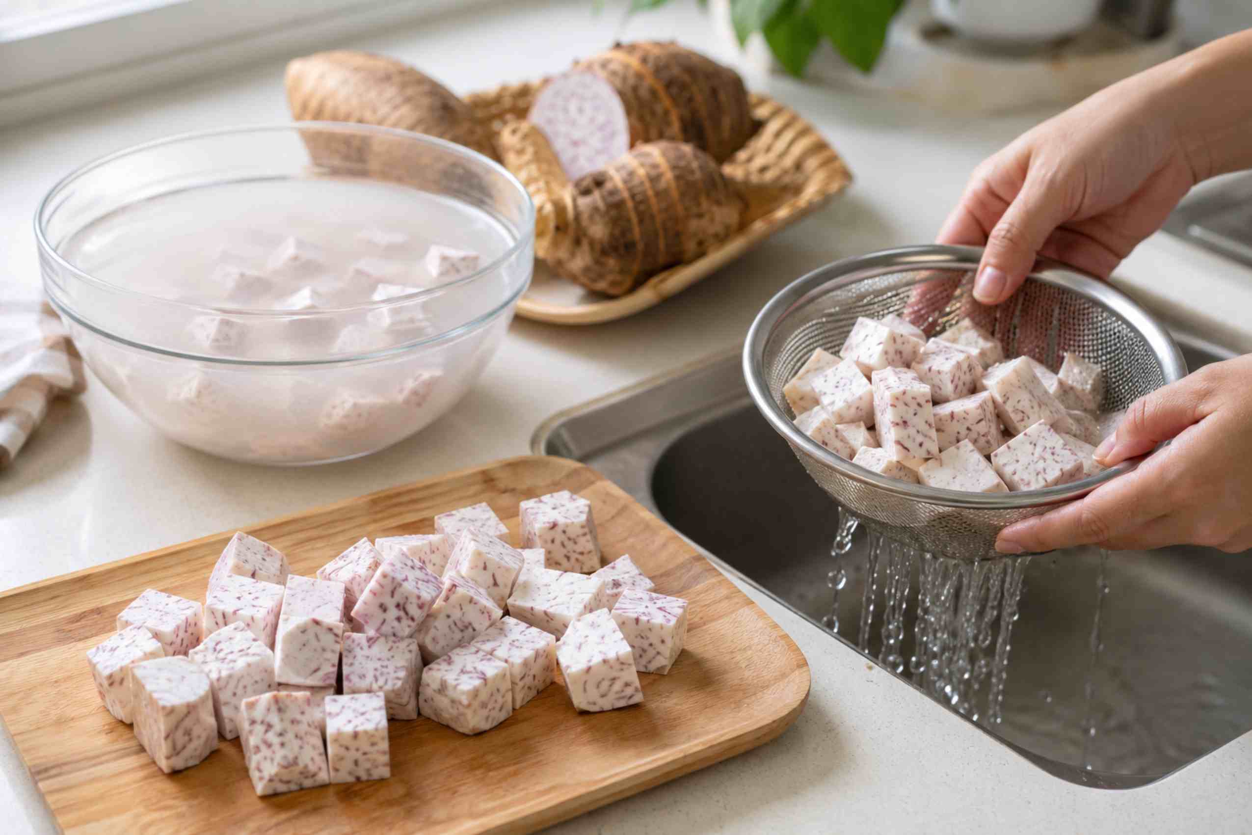 Khoai môn được gọt vỏ, cắt miếng vừa ăn và ngâm nước muối loãng trước khi nấu. Ảnh: Thùy Linh 