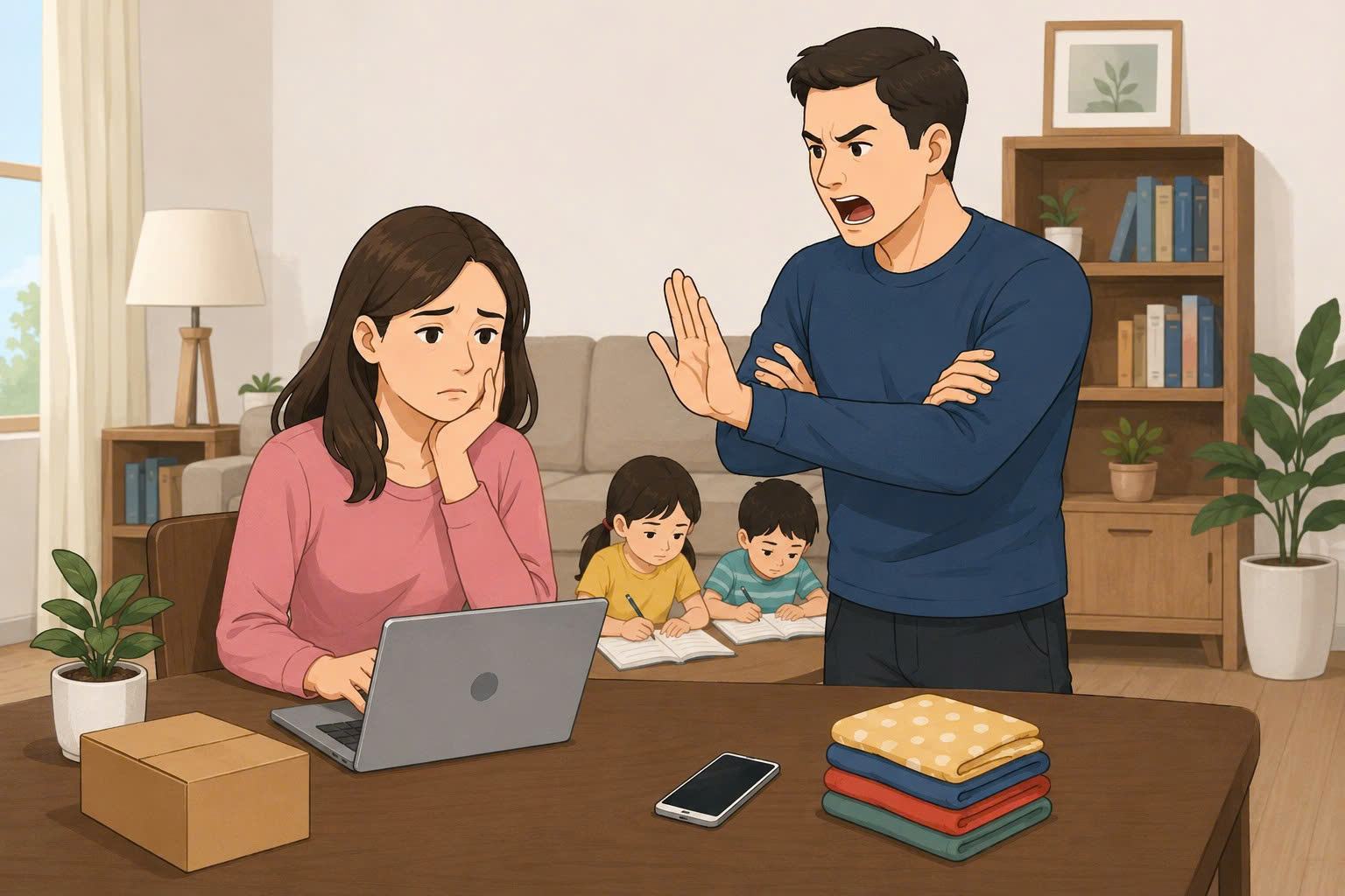 Legal advice for cases of quitting work to stay home to take care of children, wife wants to go to work but husband objects. Photo: AI/Pham Ngoc