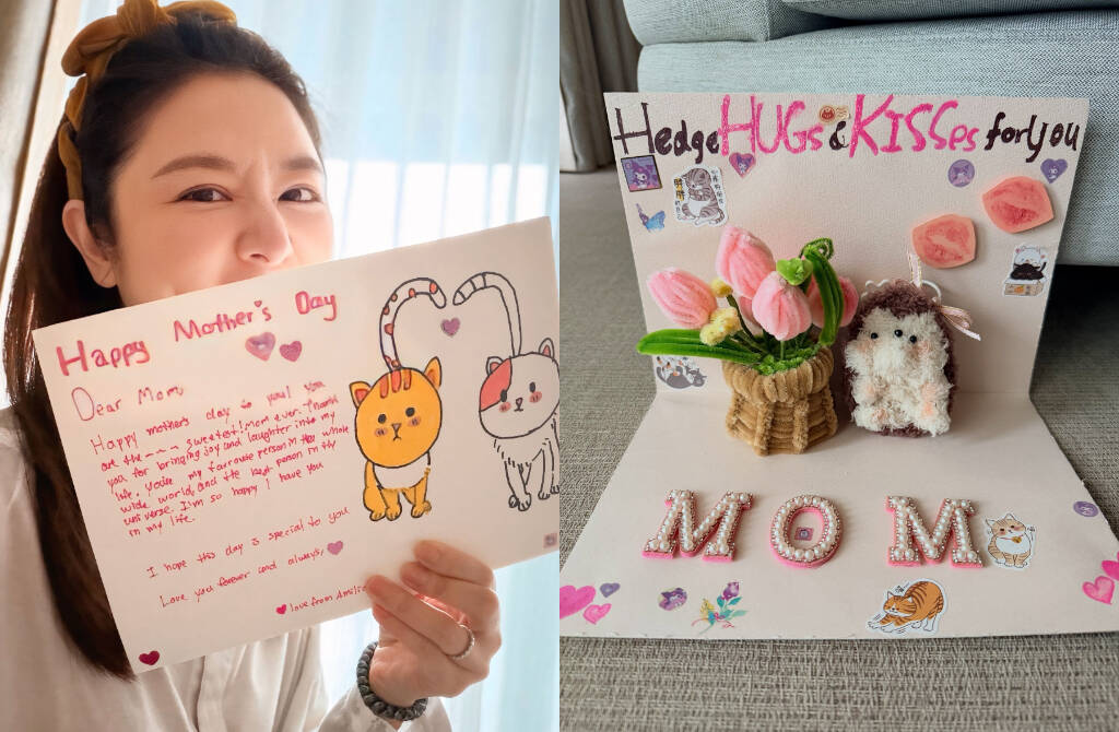 Ruby Lin shows off gifts her daughter gave on Mother's Day. Photo: Xinhua