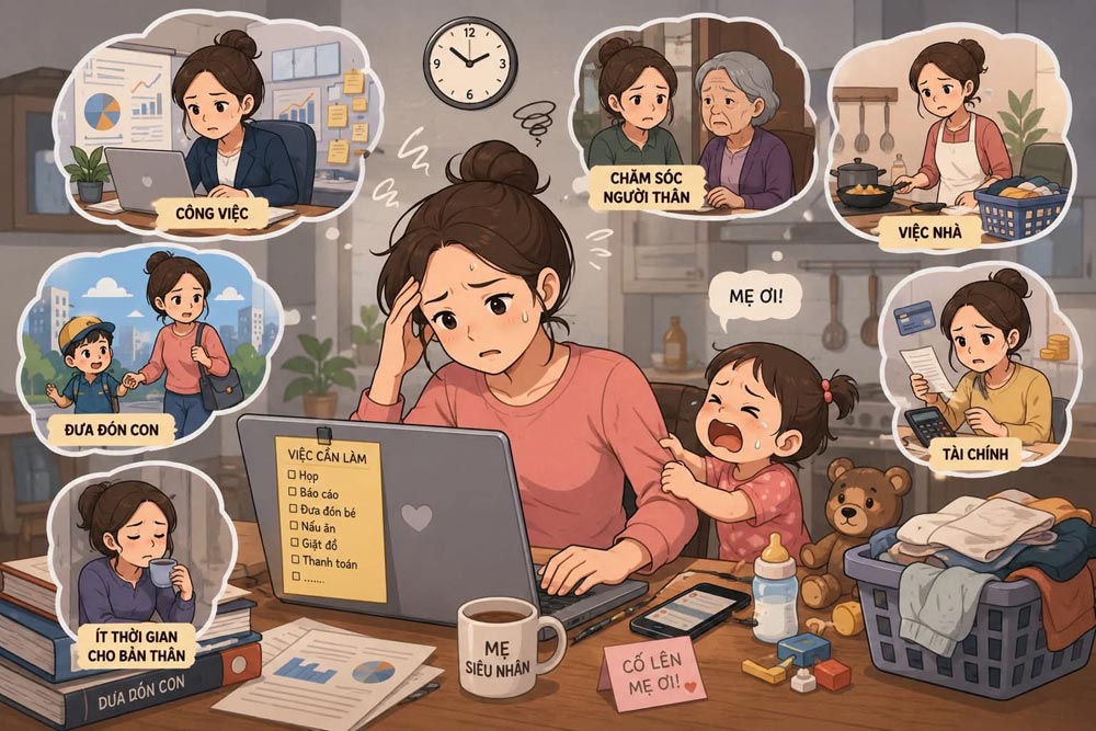 Pressure from family life and work makes many mothers stressed. Photo: AI