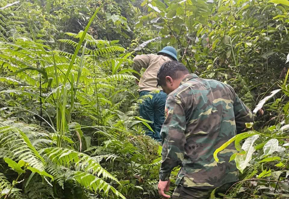 Quá trình triển khai tìm kiếm gặp khó khăn khi thời tiết mưa, đường trơn trượt. Ảnh: UBND xã Bắc Quang