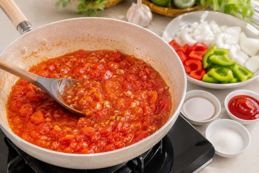 Phần nước sốt chua ngọt được nấu cùng cà chua, tỏi và gia vị. Ảnh: Thùy Linh 