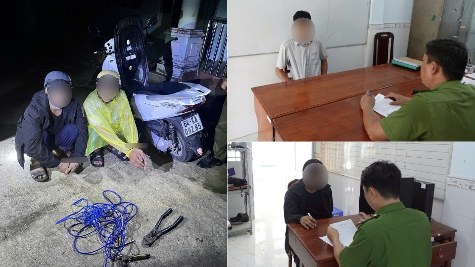 La fuerza policial de la comuna de My Thuan trabaja y arresta a dos sujetos relacionados con el robo de cables eléctricos. Foto: Policía de Vinh Long
