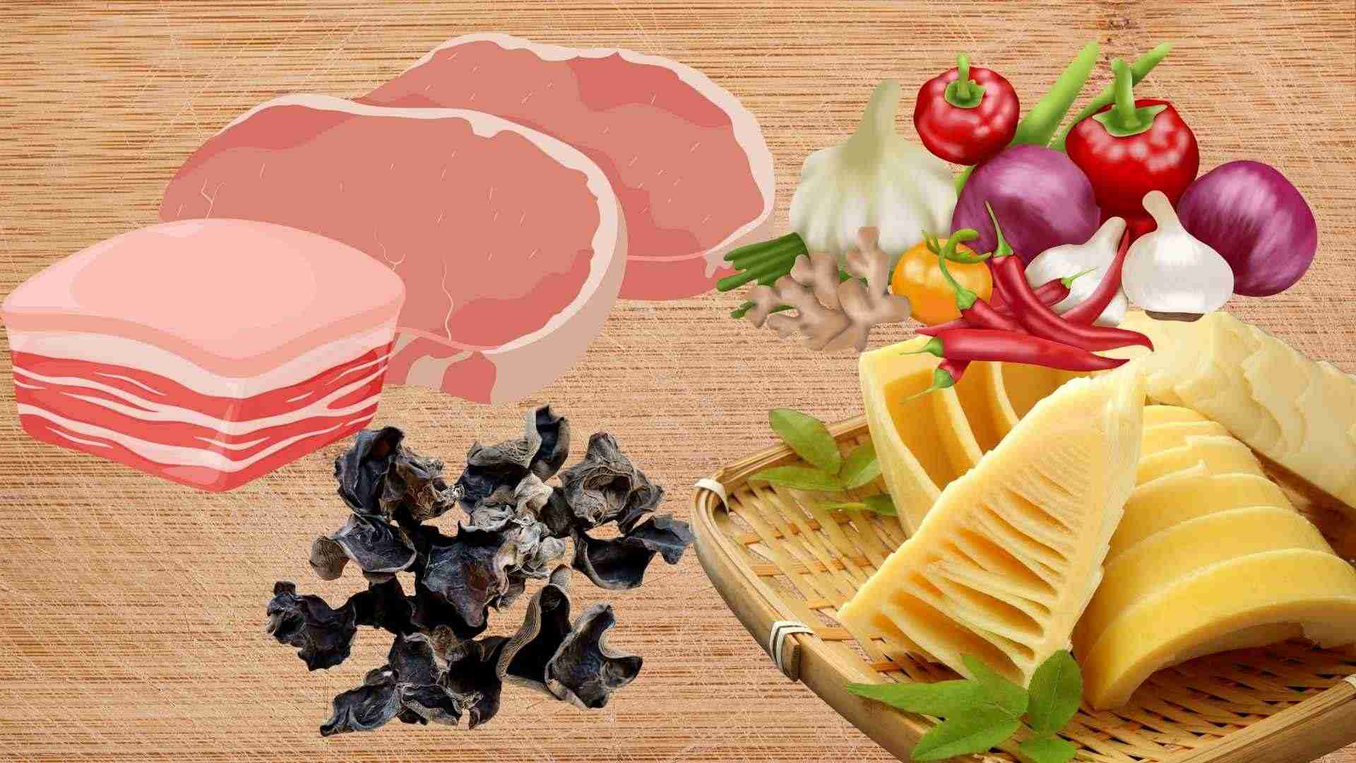 Những nguyên liệu để chế biến món măng xào tương miso khá dễ tìm, phù hợp để thực hiện ngay tại nhà. Đồ họa: Minh Vũ