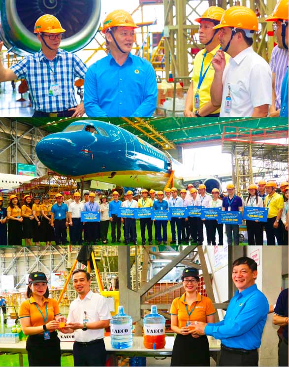 Đoàn công tác thăm và trao hỗ trợ kinh phí nắng nóng cho đoàn viên, người lao động tại khu vực Nội Bài. Ảnh: Công đoàn Hàng không. 