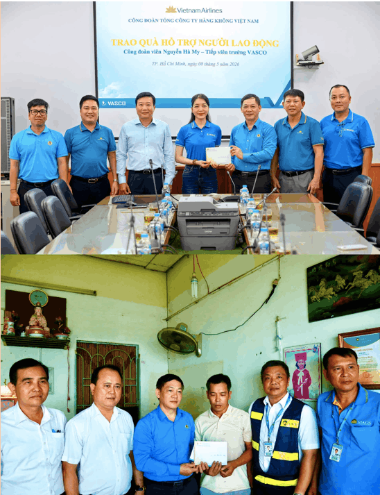 Chủ tịch CĐTCT trao kinh phí trợ cấp khó khăn cho đoàn viên, người lao động mắc bệnh hiểm nghèo, có hoàn cảnh khó khăn cho Anh Kim Trọng Bình công tác tại VIAGS và Chị Nguyễn Hà My công tác tại Vasco. (Ảnh CĐTCT). 