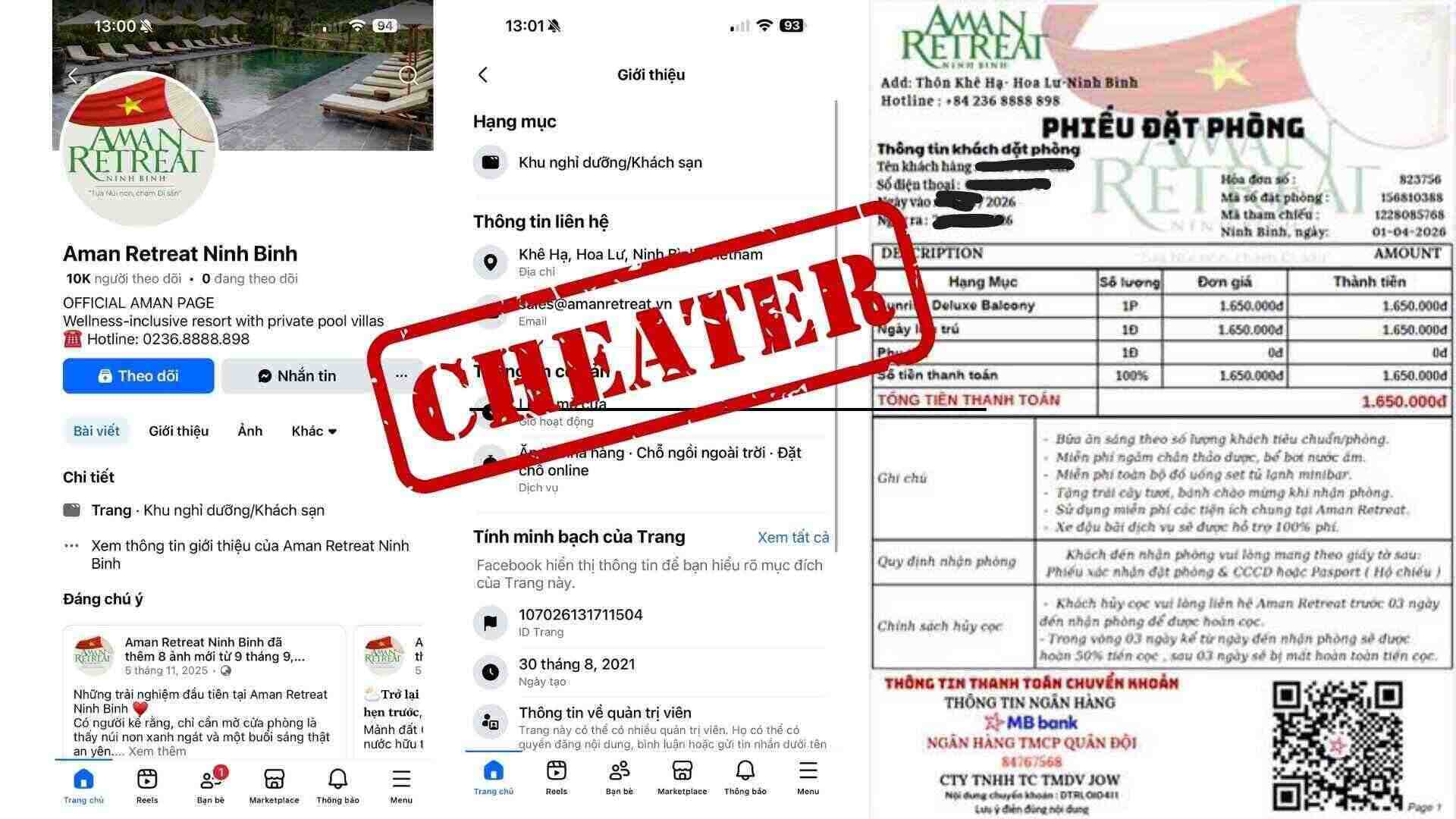 Nhóm đối tượng lừa đảo lập Fanpage trên Facebook, giả danh khu nghỉ dưỡng Aman Retreat Ninh Binh để chiếm đoạt tài sản. Ảnh: Thanh Vân.