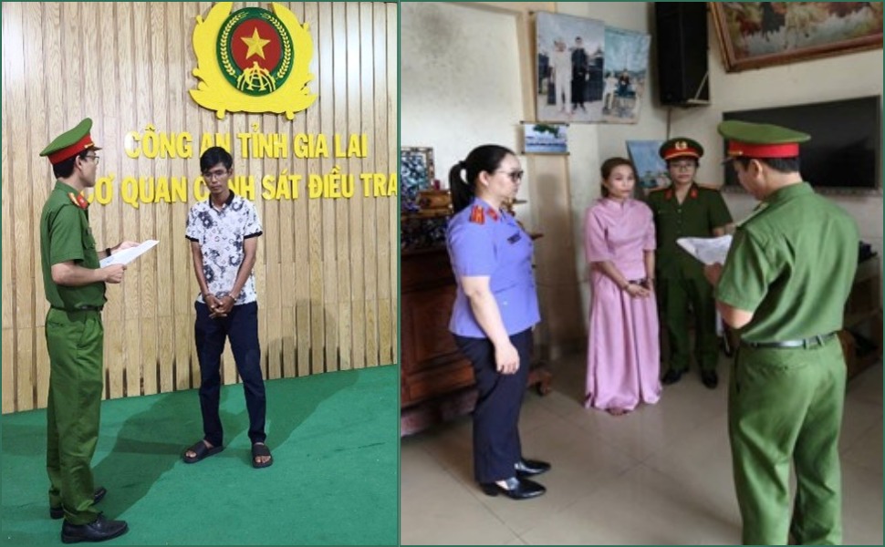 Cơ quan CSĐT Công an tỉnh Gia Lai thi hành lệnh bắt tạm giam đối với Lê Tài Nông và Nguyễn Thị Thoa. Ảnh: Công an