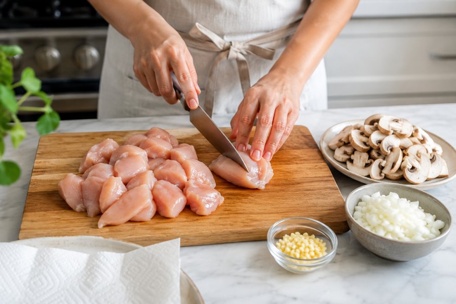 Thịt gà và nấm được sơ chế sạch. Ảnh: Thùy Linh