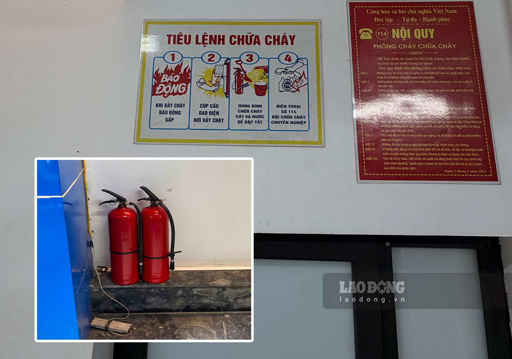 Các thông tin tiêu lệnh PCCC, thiết bị PCCC... được chủ cơ sở kinh doanh số 19 ngõ 171 Nguyễn Ngọc Vũ đảm bảo. Ảnh: Anh Phương