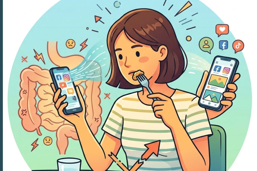 The habit of watching the screen while eating can be harmful to the intestines. Graphics: Thien Nhan