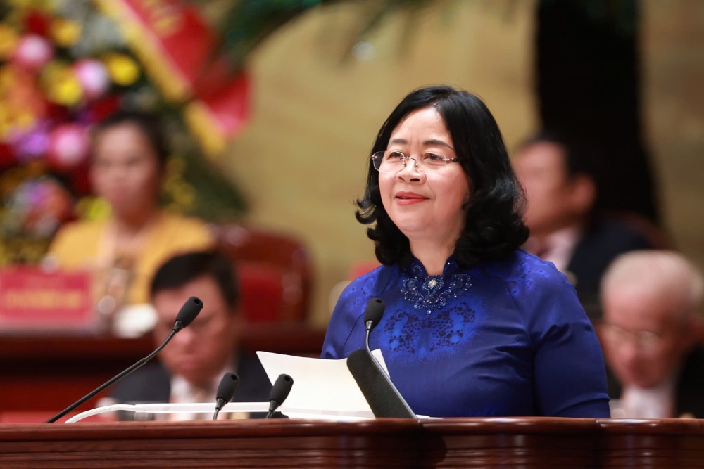 Comrade Bui Thi Minh Hoai, Member of the Politburo, Secretary of the Party Central Committee, Secretary of the Party Committee of the Fatherland Front, Central mass organizations, Chairman of the Central Committee of the Vietnam Fatherland Front XI term, 2026 - 2031, delivered the closing speech of the 11th National Congress of the Vietnam Fatherland Front, term 2026-2031. Photo: Hai Nguyen
