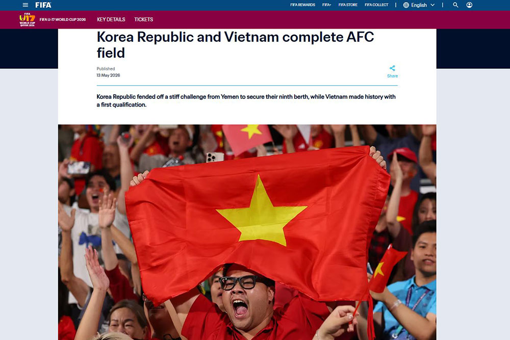 FIFA congratulates U17 Vietnam on winning a ticket to the 2026 U17 World Cup for the first time. Photo: CMH