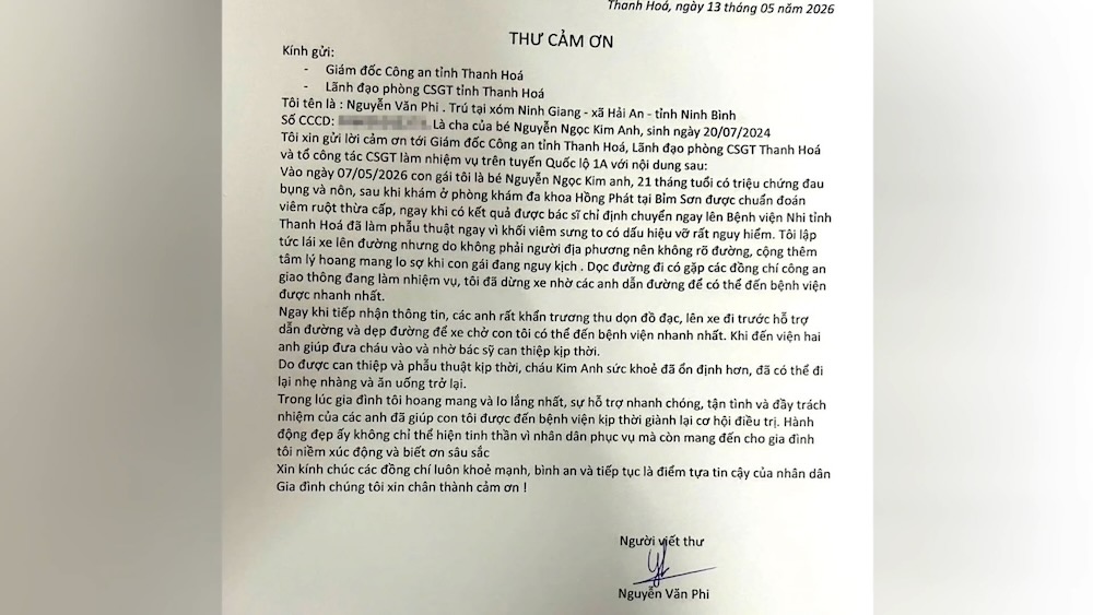 Thank you letter sent to Thanh Hoa Traffic Police after the guiding force rescued a critically ill girl. Photo: Thanh Hoa Traffic Police
