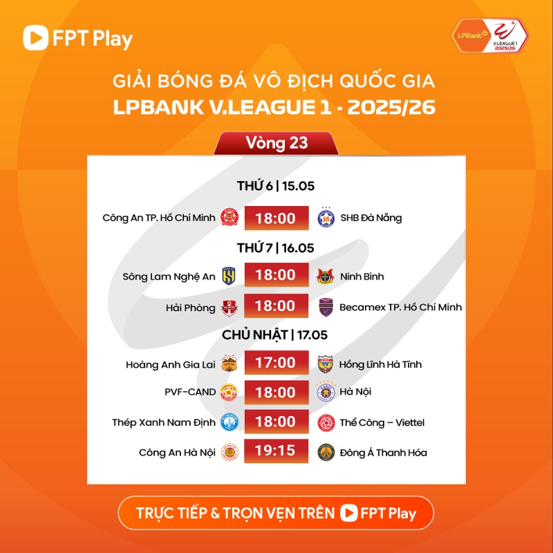 Lịch thi đấu vòng 23 V.League. Ảnh: FPT Play