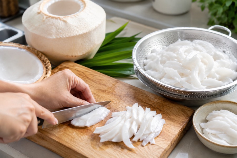 Cùi dừa non được cắt sợi vừa ăn để chuẩn bị nấu chè. Ảnh: Thùy Linh