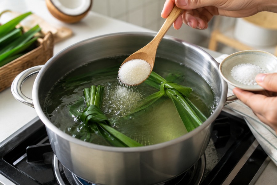 Nước chè được nấu cùng lá dứa tạo mùi thơm thanh nhẹ. Ảnh: Thùy Linh