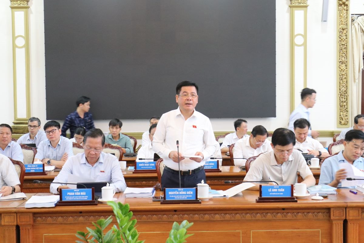 El miembro del Comité Central del Partido, Vicepresidente de la Asamblea Nacional Nguyễn Hồng Diên habla en la reunión de trabajo con Ciudad Ho Chi Minh, Đồng Nai y Tây Ninh. Foto: Liên Phương