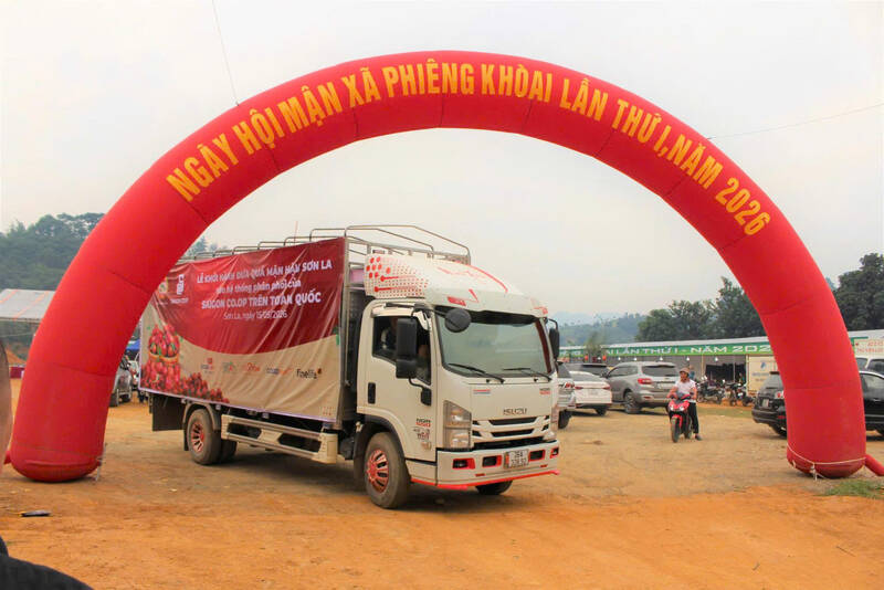 Lễ khởi hành đưa mận hậu Sơn La lên các chuyến bay của Vietnam Airlines và vào hệ thống bán lẻ toàn quốc. Ảnh: Thu Huyền (Trung tâm DVTH xã Phiêng Khoài)
