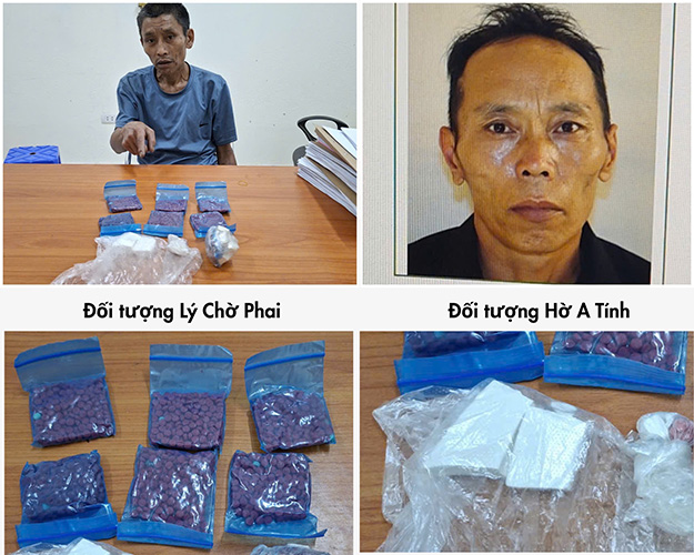 Đối tượng Lý Chờ Phai và Hờ A Tính cùng số ma túy tại cơ quan Công an. Ảnh: An ninh Điện Biên
