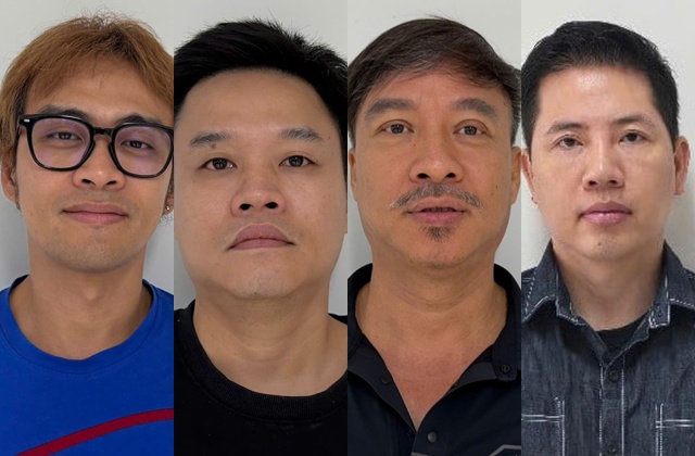 (Từ trái qua) Các bị cáo Võ Hoàng Việt và Nguyễn Trung Trường Huy, Giám đốc Công ty TNHH Mây Sài Gòn, Diệp Văn Lập (ca sĩ Quang Lập, chủ Trung tâm Giọng ca để đời), Ông Võ Văn Nam, Giám đốc Công ty TNHH Lululola Entertainment, đơn vị tổ chức chuỗi Lululola Show bị khởi tố