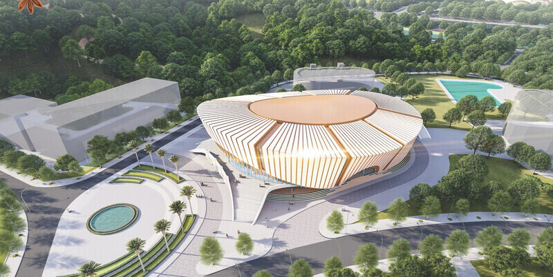 Multi-purpose gymnasium with the idea of 8 rivers converging into one. Photo: DVCC