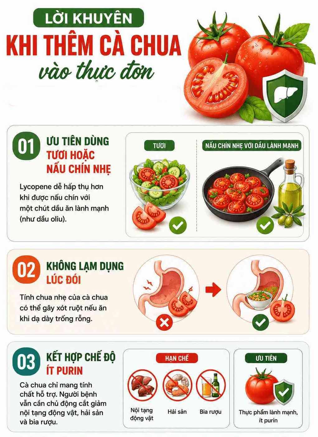Infographic: Hướng dẫn cách sử dụng cà chua đúng cách để hỗ trợ đào thải axit uric và phòng ngừa cơn đau gout. Đồ họa: Trà My