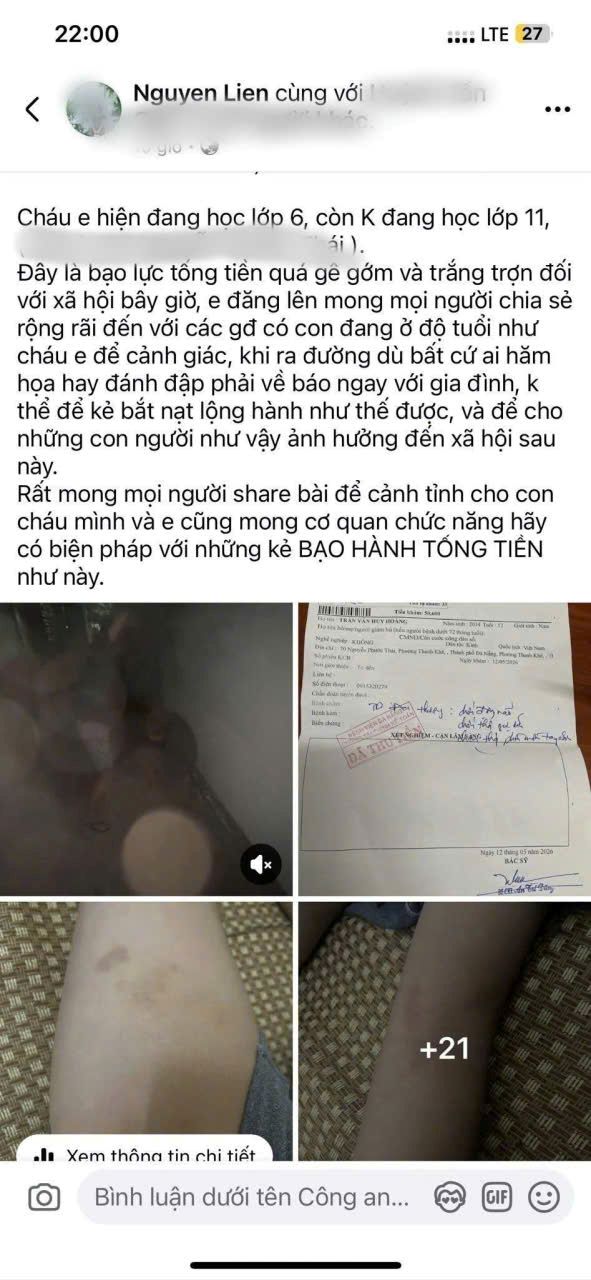 Bài đăng tố học sinh lớp 11 ở phường An Khê, Đà Nẵng hành hung, tống tiền học sinh lớp 6, thu hút sự quan tâm lớn của dư luận. Ảnh chụp màn hình
