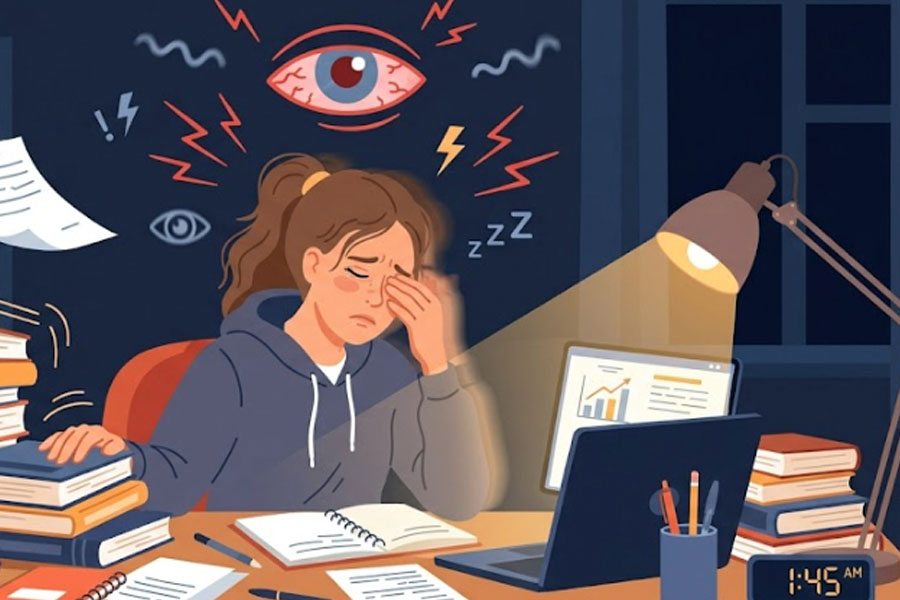 試験勉強のプレッシャーは、生徒の目の疲れと視力低下のリスクを高めます。グラフィック:ティエン・ニャン