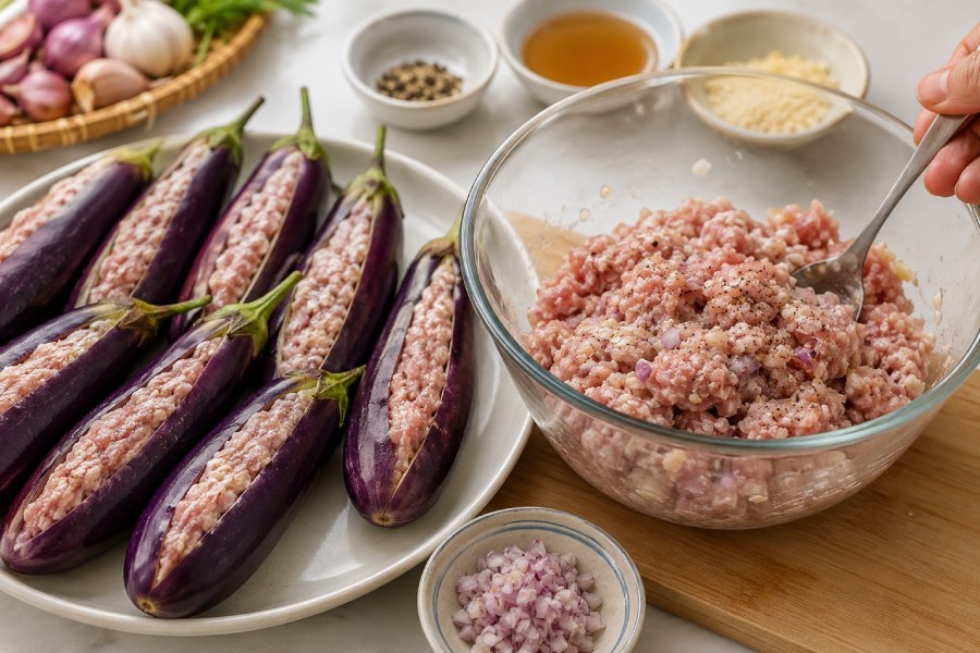 Thịt heo xay được trộn gia vị rồi nhồi vào từng miếng cà tím. Ảnh: Thùy Linh