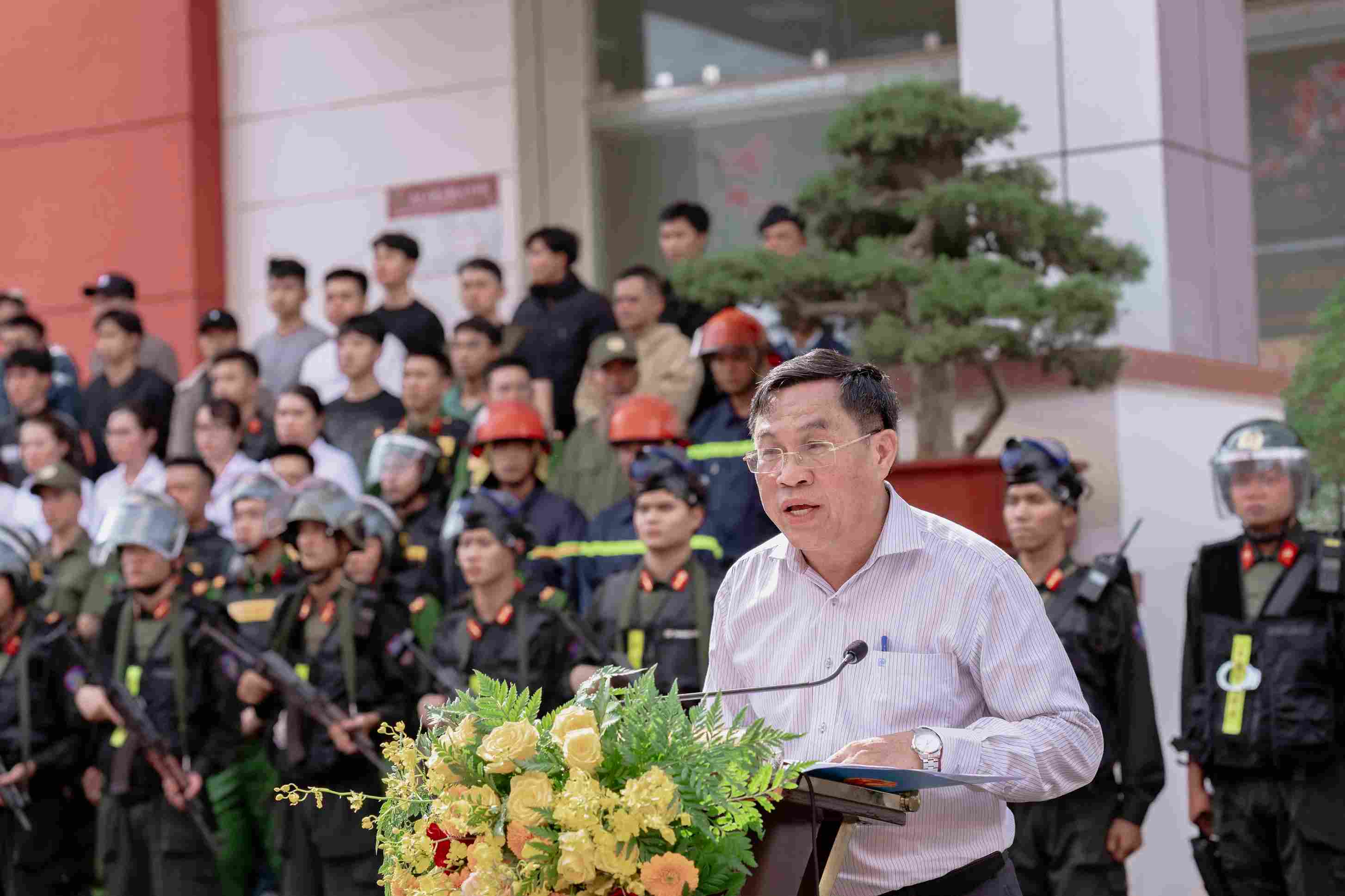Phó Chủ tịch UBND tỉnh Lâm Đồng Võ Ngọc Hiệp phát biểu tại buổi diễn tập. Ảnh: Lê Tiến 