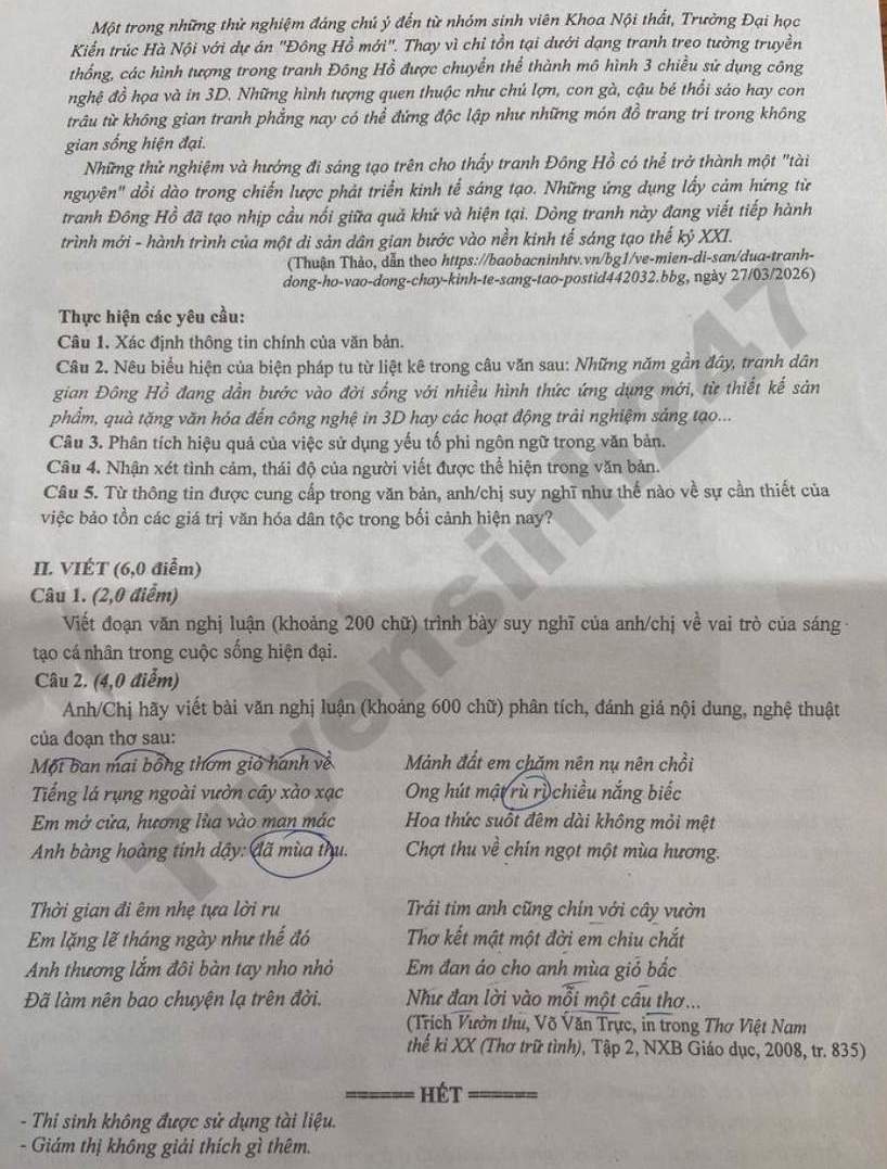 Đề thi thử tốt nghiệp THPT môn Văn 2026 - Sở GDĐT Bắc Ninh. Ảnh: Tuyensinh247