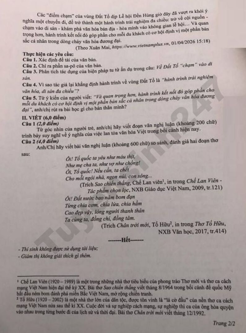 Đề thi thử tốt nghiệp THPT 2026 môn Văn - Sở GDĐT Lâm Đồng. Ảnh: Tuyensinh247  