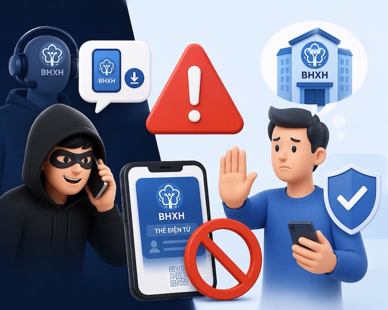 Vietnam Social Security warns of the emergence of fraudulent tricks, impersonating Social Security agencies to request the installation of electronic social insurance cards. Graphics: Huong Giang