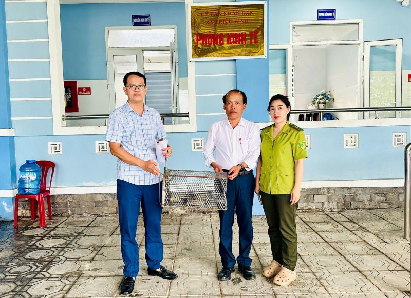Bàn giao cá thể kỳ đà vân. Ảnh: UBND xã Triệu Bình