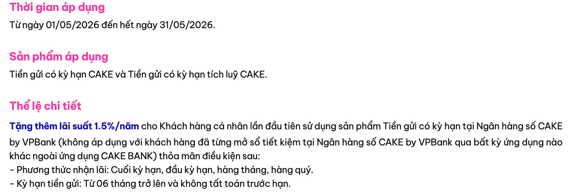 Biểu lãi suất tiết kiệm Cake by VPBank. Ảnh: Cake by VPBank