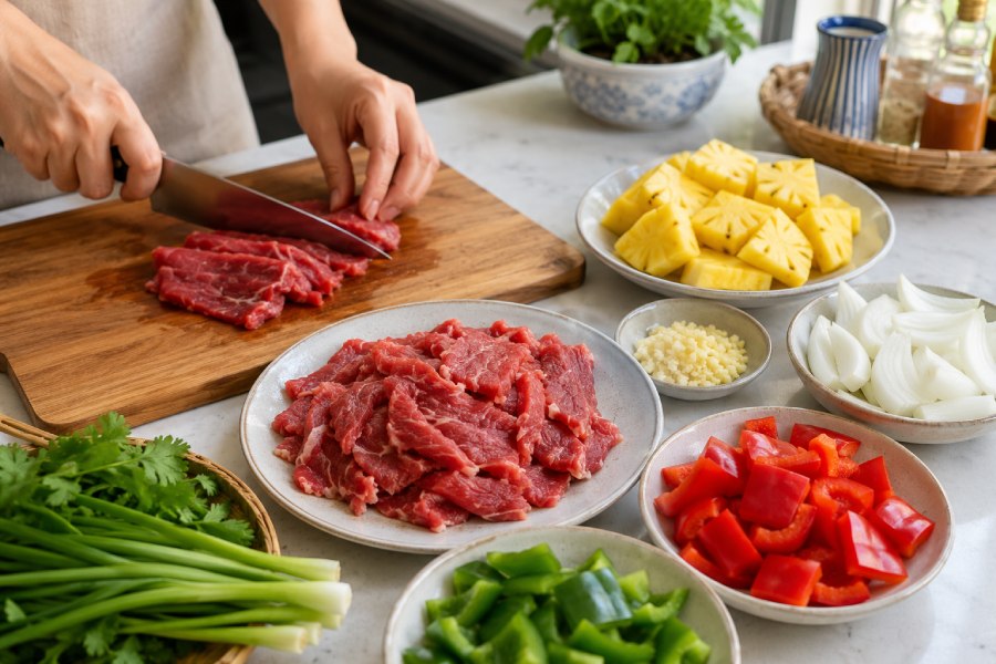Thịt bò được thái mỏng và chuẩn bị cùng dứa, hành tây để xào. Ảnh: Thùy Linh 