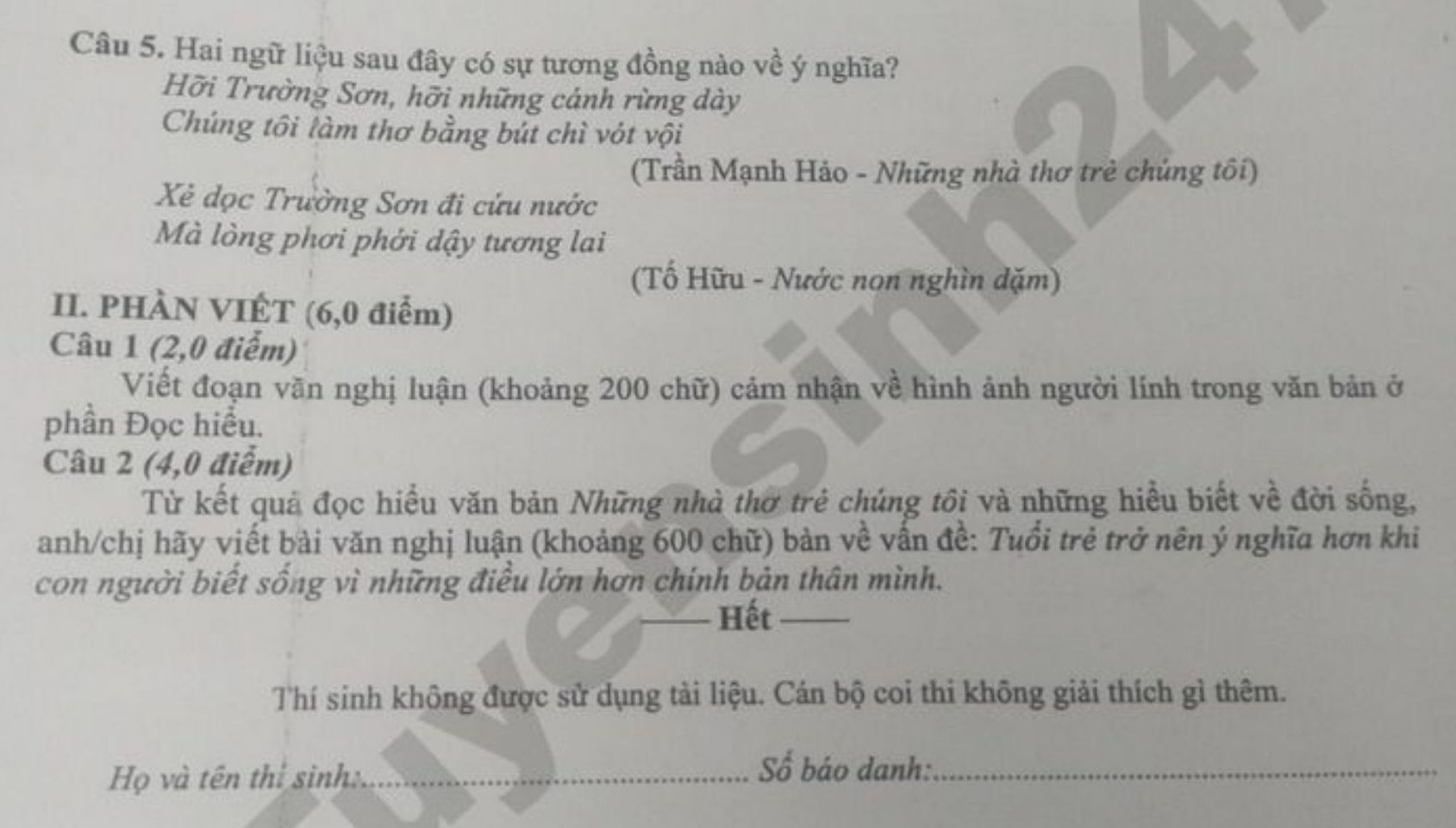 Đề thi thử tốt nghiệp THPT năm 2026 môn Văn - Sở GDĐT Vĩnh Long. Ảnh: Tuyensinh247